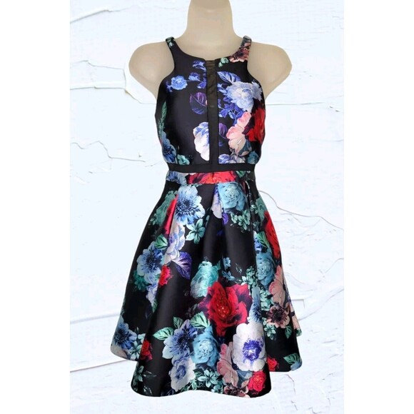 Dear Moon Junior 3 Floral A-Line Mini Dress Black High Neck Formal Party Pockets - Picture 1 of 7